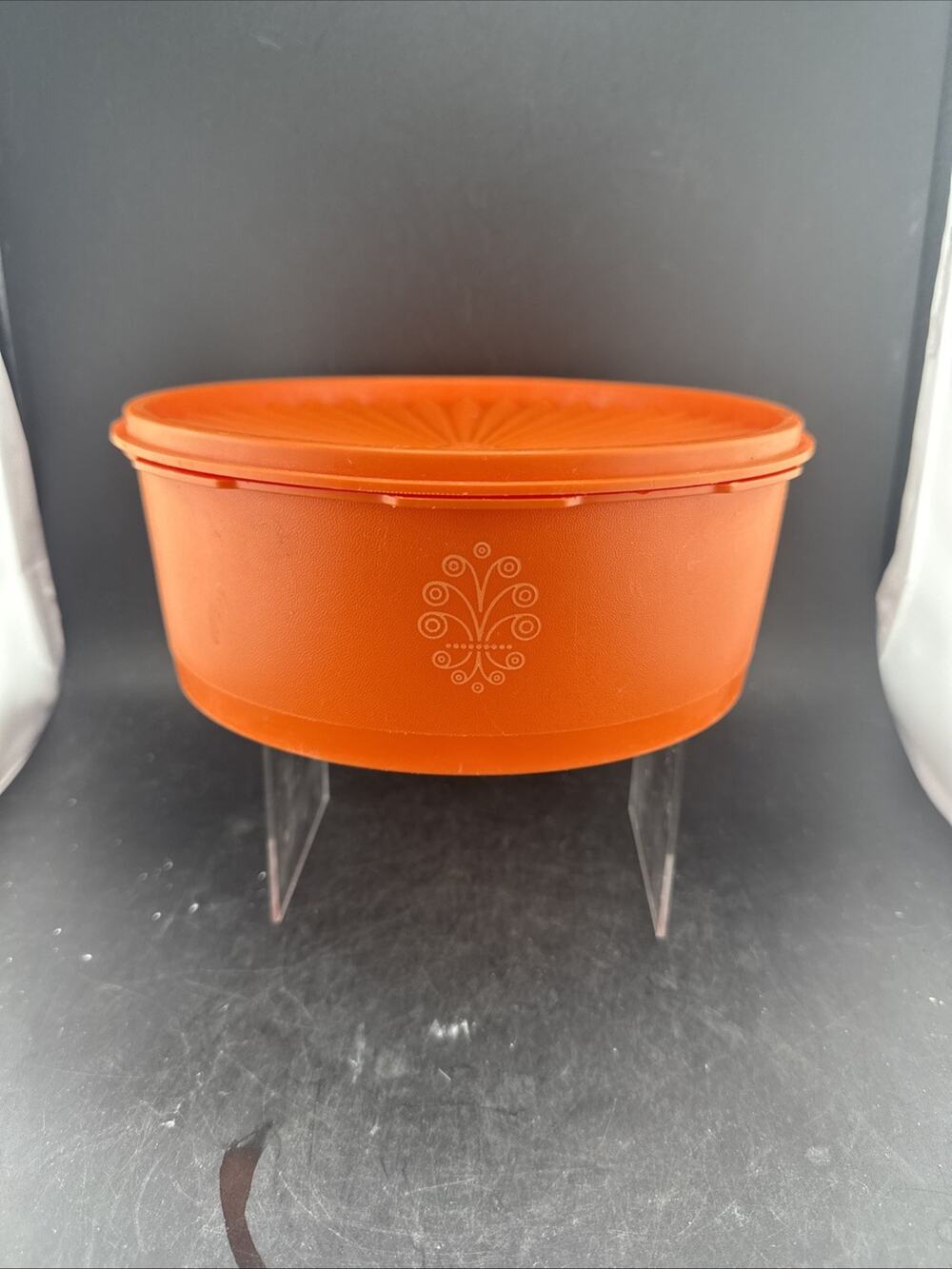 Vintage Tupperware Orange Servalier Bowl 1204-6 White Floral Motif w Lid